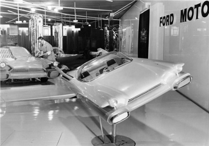 3/8th scale Ford X-1000 in front of the full size X-1000 (clay). From the Advanced Styling Showroom around Christmas, 1955