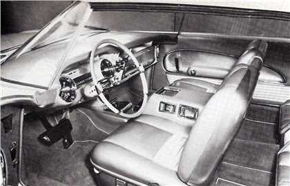 Chrysler Norseman (Ghia), 1956 - Interior - Все сиденья оснащены многопозиционной регулировкой. Для доступа назад передние кресла поворачиваются. Передние ремни безопасности автоматически выезжают из бокса на туннеле трансмиссии.