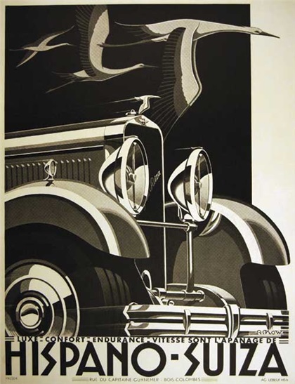 Hispano-Suiza H6C advertising poster with the marque’s trademark stork flying overhead