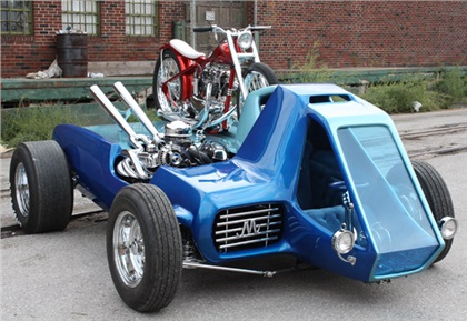 Another historically correct restoration of an Ed Big Daddy Roth car and motorcycle done by Fritz. The two tone skyblue metalflake hauler carries a custom Triumph motorcycle built originally by Bob Aquistapace.