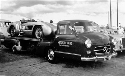 Grand Prix of Kristianstad, 1 August 1955. Mercedes-Benz racing car transporter “Blue Wonder” carrying the winner's 300 SLR (W 196 S) on its loading platform.