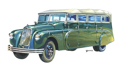 Курортный автобус НАТИ на шасси ЗИС–8, 1935 – Рисунок А. Захарова / Из коллекции «За рулём» 1985-4