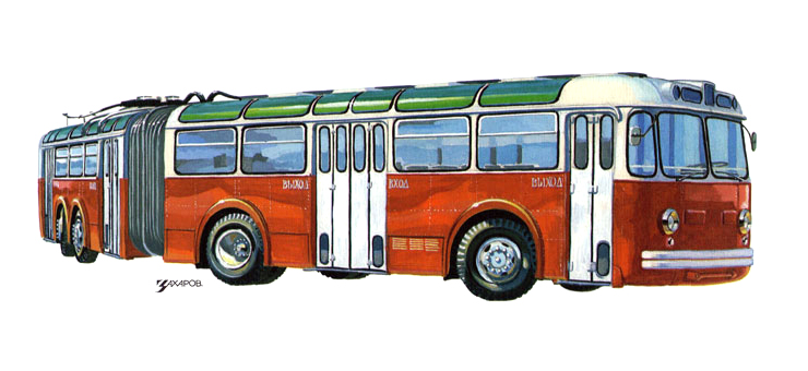 СВАРЗ–ТС1 (Первый отечественный серийный сочлененный троллейбус), 1960–1967 – Рисунок А. Захарова / Из коллекции «За рулём» 1985-11