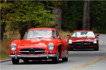 Mercedes 300SL Gullwing and SLS AMG at the Pebble Beach Tour d'Elegance - Photo by Drew Phillips