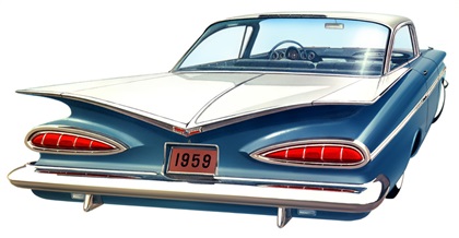 Chevrolet Impala Sport Coupe, 1959 - Особенно эффектно Impala выглядела в двухцветной окраске. Как всегда, художники Харли Эрла предлагали потребителю огромное количество цветовых сочетаний, но сочетание с белым выглядело особенно нарядно и эффектно и пользовалось наибольшим спросом. Окрашенная в белый цвет крыша усиливала образ наполненного ветром паруса