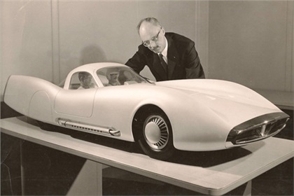 Picture Alex Tremulis with the finished Mexico model as it appeared in numerous PR photo shoots.  The sheer size of these 3/8ths scale models made for better data in the wind tunnel than smaller sized models, but they took up a lot of room.  It's unknown how many of these models were crushed after their useful days were complete.