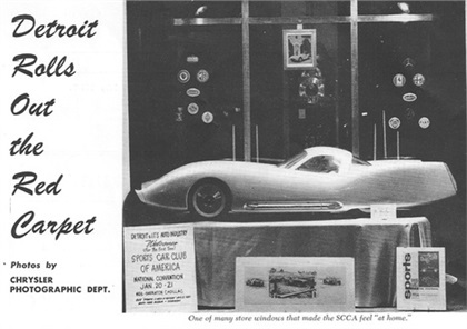 Alas, the Mexico never did get to make it to full size.  A seies of tragic racing events occured in the mid-50's and the Automobile Manufacturers Association placed a ban on support to race teams.  But the Mexico model did make it out to the public as seen in the window of a Detroit merchant welcoming the Sports Car Club of America (SCCA) for their annual convention. 