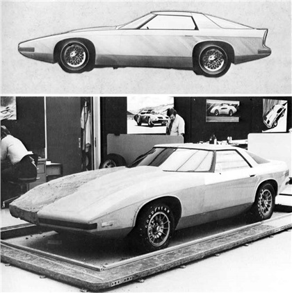 Chevrolet XP-898, 1973 - The second rendition of the X-898 is shown here with the front end redesigned to become more acceptable to current bumper standards. A full size rendering is shown along with a clay model of the X-898 in its varied stages of development. The model is worked through rough clay, surfaced clay, and di-noc finish to simulate a painted surface. It is here the chief designer and design management staff make final decisions as to the refinements of the vehicle.