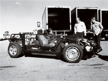 The Stinger's driveable chassis is readied for a test at the Milford Proving Grounds. Note the Corvette and Z28 wheels used before final assembly. With a DOHC Super Duty four-cylinder and AWD, this could have been a great performance platform had it made production.