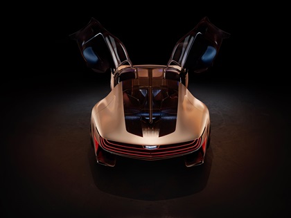 Birds-eye view of Cadillac Opulent Velocity concept vehicle with open butterfly doors.