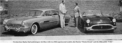 Six-foot-four Harley Earl and designer Art Ross with two 1954 experimental models, the Pontiac Strato-Streak and the Oldsmobile F-88