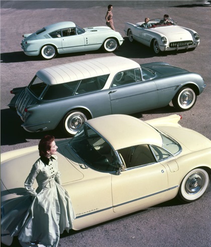 Three Corvette-based show cars were among the attractions of the 1954 GM Motorama. From background to foreground are the Corvair, Nomad, and the prototype hardtop car. The latter featured a detachable hardtop and roll-up windows; both features would be adopted for the 1956 Corvette. The white Corvette is a production model.