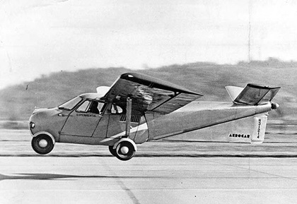 A Taylor-designed Aerocar takes off, probably at or near Longview, Washington, circa 1949