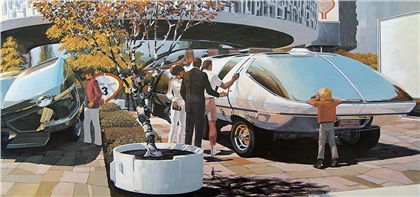Syd Mead: U.S. Steel Interface - a portfolio of probabilities, 1969 - Recreational Vehicle with Expandable Sections - Its inflatable substructure allows the inner volume to be increased almost two-fold for sleeping accomodation.