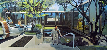 Syd Mead: U.S. Steel Interface - a portfolio of probabilities, 1969 - Residential City Modules - In the domestic scene above, Mead presents his design for a residence built with steel post and beam modules with a cast ornamental frame visible just inside the building.