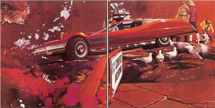 Innovari High Performance Coupe, concept artwork Mead created for the U.S. Steel book Innovations (1968). From Syd Mead's book Sentinel. - In the performance-oriented coupe above, Mead takes full advantage of the opportunity to display steel trim items around the glass, lights, wheel assemblies and exhaust system. The illustration is capped by a unique Mead touch - the little boy's incredible pet.