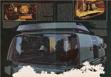 The nocturnal view — through the rear window — shows the expandable bathroom wall. Atop is the sun deck; when traveling, a bubble of air arches over the space so that the deck can be open. Obviously, the couple pictured here couldn't care less about all of this.