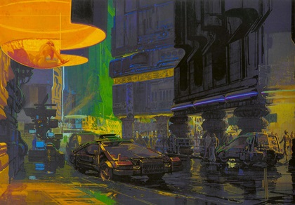 Сoncept art for Blade Runner by Syd Mead - Street Scene (Decker's car in the foreground)