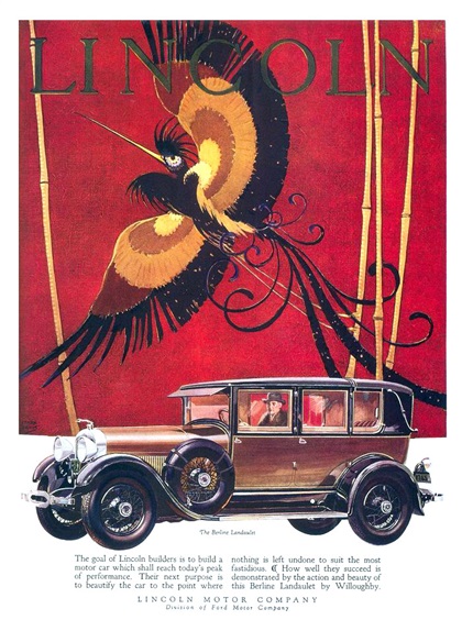 Lincoln Ad (November, 1927): Berline Landaulet by Willoughby - Illustrated by Stark Davis