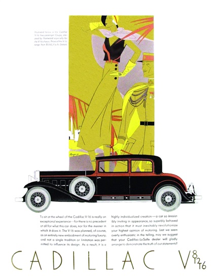 Cadillac V-16 Ad (1931): Five-Passenger Coupe, with coachwork by Fleetwood - Illustrated by Leon Benigni