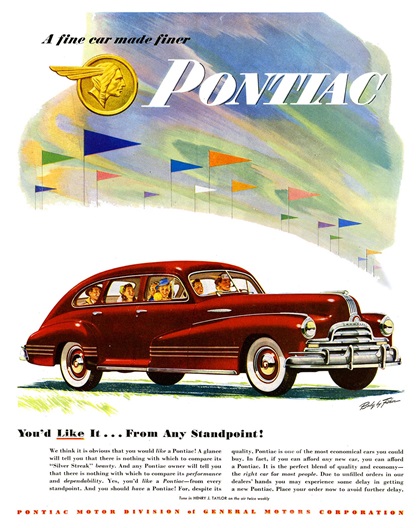 Pontiac Streamliner 4-Door Sedan Ad (October, 1947): You'd Like It... From Any Standpoint!