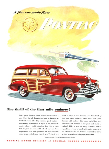Pontiac Streamliner Station Wagon Ad (September-October, 1947): The thrill of the first mile endures!