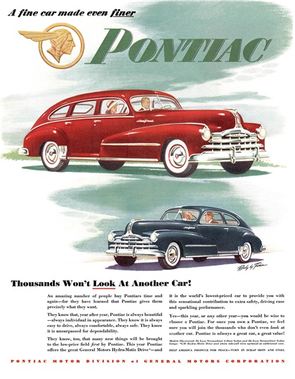 Pontiac DeLuxe Streamliner 4-door Sedan/Sedan-Coupe Ad (1948): Thousands Won't Look At Another Car!