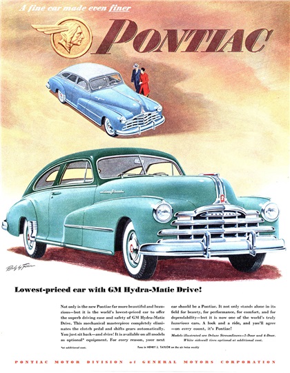 Pontiac DeLuxe Streamliner 2-door/4-door Ad (1948): Lowest-priced car with GM Hydra-Matic Drive!