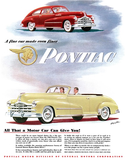 Pontiac DeLuxe Torpedo Convertible/Streamliner Sedan-Coupe Ad (June, 1948): All That a Motor Car Can Give You!