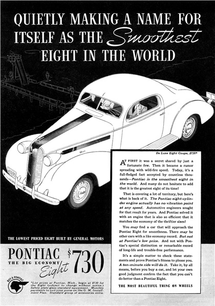 Pontiac De Luxe Eight Coupe Ad (April, 1936): Quietly Making a Name for Itself as the Smoothest Eight in the World!