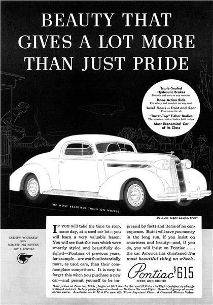 Pontiac De Luxe Eight Coupe Ad (March, 1936): Beauty that gives a lot more than just pride