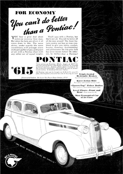 Pontiac De Luxe Six 4-Door Sedan Ad (1936): For Economy You can't do better than a Pontiac!