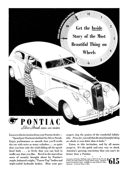 Pontiac Silver Streak Sixes and Eights Ad (August, 1935): Get the Inside Story of the Most Beautiful Thing on Wheels