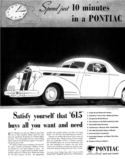 Pontiac Silver Streak Sixes and Eights Ad (1935): Spend just 10 minutes in a Pontiac