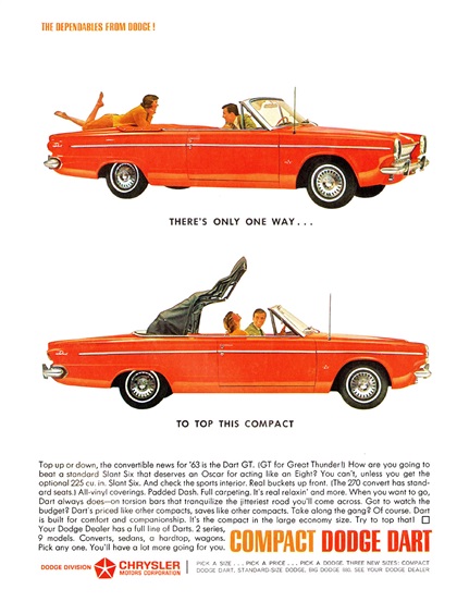 Dodge Dart GT Convertible Ad (January, 1963): The dependables from Dodge! - There's only one way... to top this compact