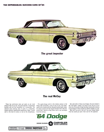 Dodge Polara Ad (May, 1964): The dependables: Success cars of'64 - The great impostor - The real McCoy