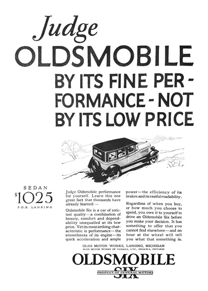 Oldsmobile Six Sedan Ad (February, 1926): Judge Oldsmobile by its fine performance, not by its low price