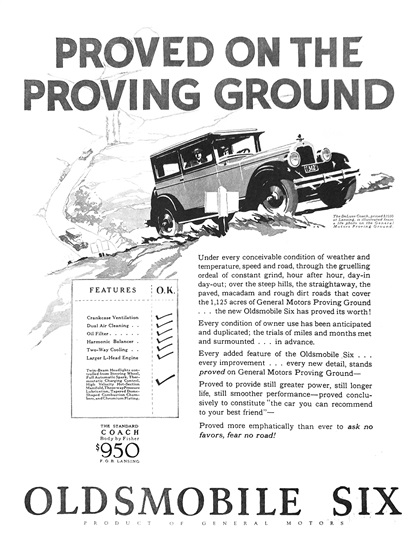 Oldsmobile Six DeLuxe Coach Ad (September, 1926): Proved on the proving ground