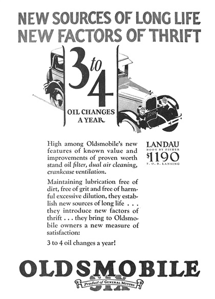 Oldsmobile Six Landau Ad (November-December, 1926): New sources of long life, new factors of thrift