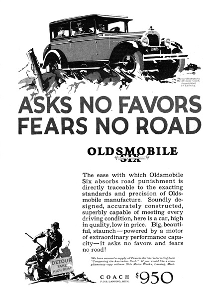 Oldsmobile Six DeLuxe Coach Ad (April, 1926): Asks no favors, fears no road