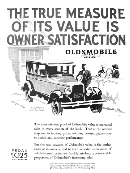 Oldsmobile Six DeLuxe Sedan Ad (1926): The true measure of its value is owner satisfaction - Illustrated by Fred Cole