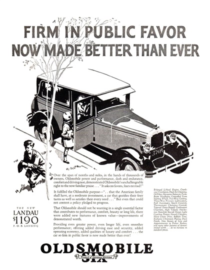Oldsmobile Six Landau Ad (August-September, 1926): Firm in public favor now made better than ever - Illustrated by Fred Cole