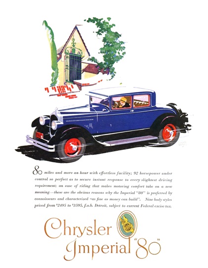Chrysler Imperial "80" Ad (July, 1927): Coupe - Illustrated by Frank Quail