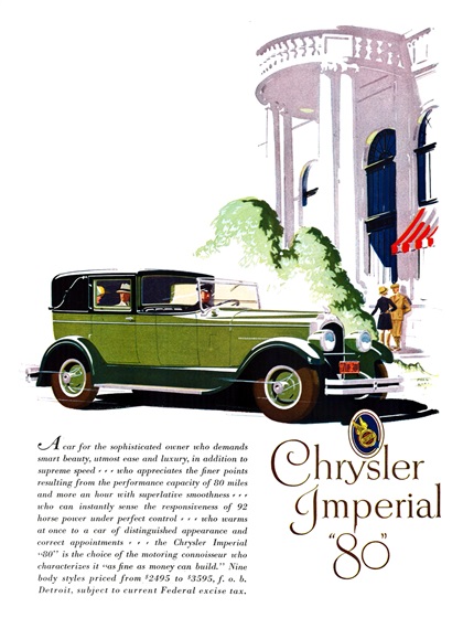 Chrysler Imperial "80" Ad (September, 1927): Town Sedan - Illustrated by Frank Quail