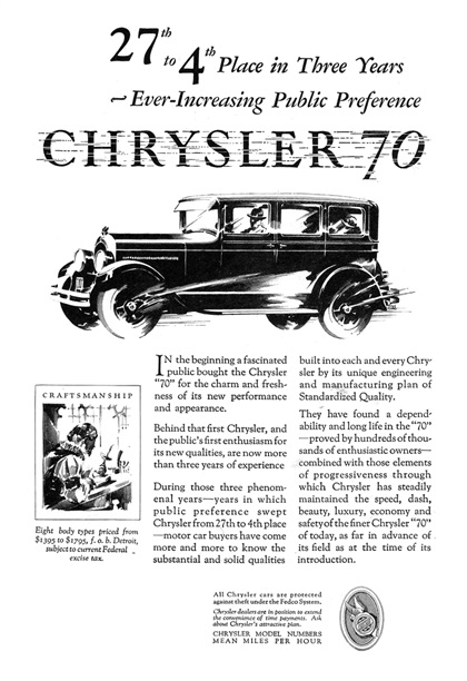 Chrysler "70" Ad (March, 1927): Craftsmanship - Illustrated by Fred Cole