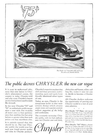 Chrysler "75" Coupe Ad (December, 1928) - Illustrated by Fred Cole