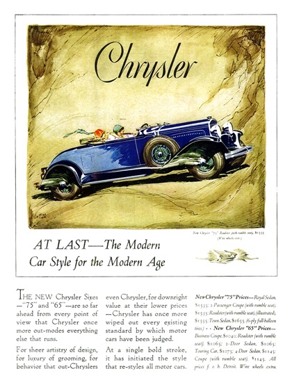 Chrysler "75" Roadster Ad (September, 1928) - Illustrated by Fred Cole
