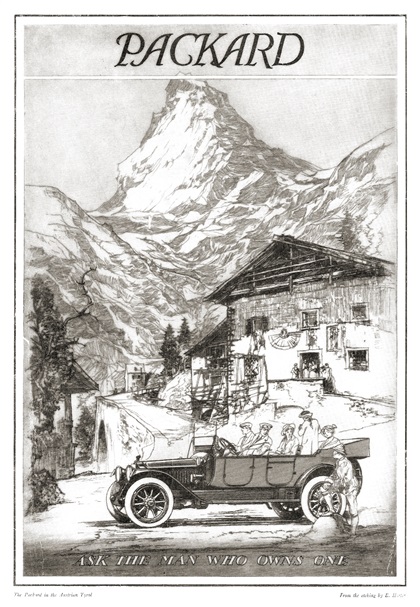 Packard Ad (May, 1914): The Packard in the Austrian Tyrol - From the etching by Earl Horter