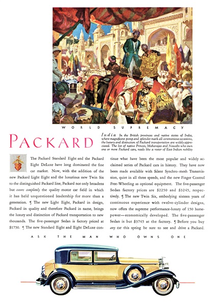Packard Eight Five-Passenger Sedan Ad (February, 1932): India
