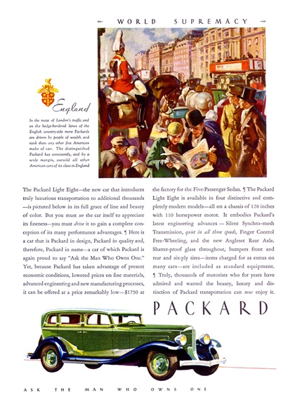 Packard Light Eight Five-Passenger Sedan Ad (March, 1932): England